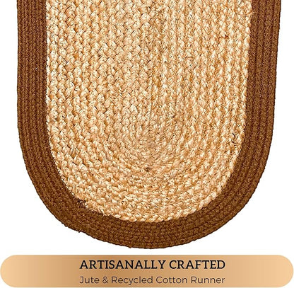 CHARDIN HOME Verona Oval Woven Jute & Cotton Braided Table Runner, Size -13 x 36 Inches, Color - Natural Jute with Brown Border