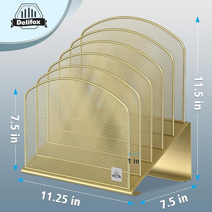 Inclined Desk File Organizer, 5-Section Vertical File Folder Holder Stand Metal Rack File Sorter for Office Classroom Desktop Organization (Gold, 1Pack)