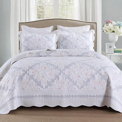 MarCielo 3-Piece 100% Cotton Oversized Bedspread Lightweight Quilt Coverlet Embroidery Farmhouse Bedding Set (TC Colorful White, Oversized Queen (100"x106"))