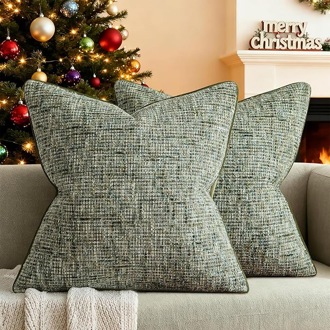 A Moment Christmas Dark Green Reversible Pillow Covers 2 Pack - Farmhouse Chenille Throw Pillows, Neutral Textured Decorative Throw Pillow Covers with Border for Couch Sofa Bed (18x18 Inch, No Insert)