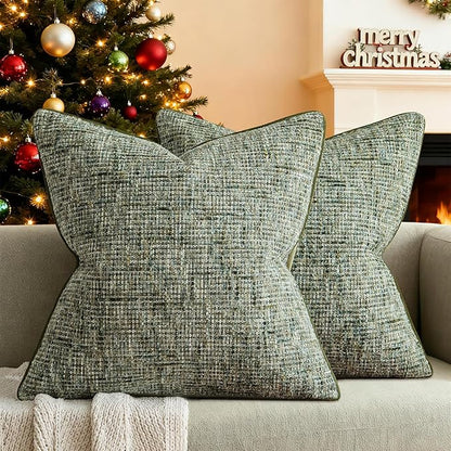 A Moment Christmas Dark Green Reversible Pillow Covers 2 Pack - Farmhouse Chenille Throw Pillows, Neutral Textured Decorative Throw Pillow Covers with Border for Couch Sofa Bed (18x18 Inch, No Insert)