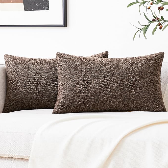 Mixhug Decorative Boucle Throw Pillow Covers, Chocolate Brown, 12 x 20 Inches, Pack of 2 - Textured Boho Pillow Covers for Couch and Bed