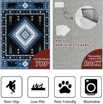 Aztec Rug 8x10 - Southwestern Bear Cabin Area Rugs for Living Room Bedroom, Rustic Western Machine Washable | Non-Slip | Soft Large Carpets, Native American Home Decor (Blue White Black)