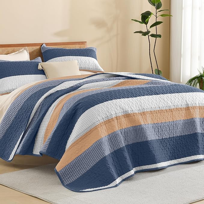 Litanika California King Quilt Set BlueO,Stripe Patchwork Summer Bedspread Coverlet, Soft Lightweight Microfiber Quilt Bedding Set for All Season(1 Quilt, 2 Pillowcases)