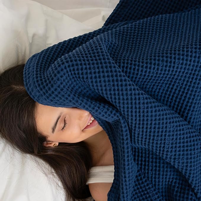 100% Cotton Waffle Blankets for Bed - Queen (90" x 90") Lightweight, Breathable and Soft, Waffle Weave Blanket for All-Season - Summer, Spring, Winter (Blue)