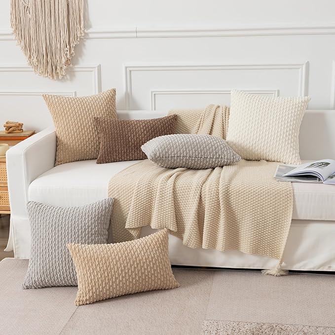 Kevin Textile 12x20 Inch Pillow Cover 1 Pack Boho Decorative Soft Striped Corduroy Lumbar Farmhouse Solid Color Accent Rectangle Cushion Case for Living Room Couch Sofa Bed, Light Grey
