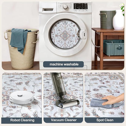 Tangsoo 2x6 Washable Runner Rug for Hallways,Vintage Boho Light Blue Non Slip Rug Runner, Soft Low Pile Floral Entryway Floor Carpet for Kitchen Bedside Bathroom Kid & Pets Friendly Home Decor