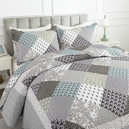 HoneiLife Queen Size Quilt Set - 3 Piece Microfiber Quilts Reversible Bedspreads Patchwork Coverlets Rustic Bedding Set for Queen Bed