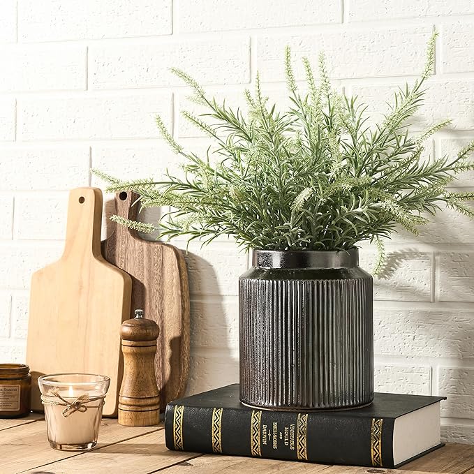 SIDUCAL Ceramic Vintage Rustic Terracotta Vase, 6.77 Inch Farmhouse Decorative Pottery Vase Wide-Mouth Vases for Home Decor, Living Room, Bookshelf, Bedroom, Bathroom, Kitchen, Metallic Glaze Black