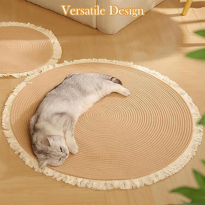 Cotton Rope Area Rug for Cats, Cat Scratching Rug, Washable Round Vintage Reversible Woven Tassel Rug, Soft and Stylish Home Accent, Easy Clean, Multiple Sizes (Coffee, 18" (45cm))