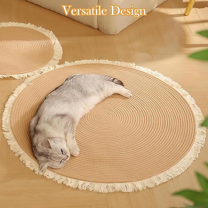 Cotton Rope Area Rug for Cats, Cat Scratching Rug, Washable Round Vintage Reversible Woven Tassel Rug, Soft and Stylish Home Accent, Easy Clean, Multiple Sizes (Off-White, 32" (80cm))