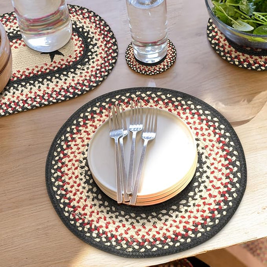 Homespice Primitive Star Gloucester Jute Woven Round Placemats Set of 6, 15", Warm Primitive Decor, Black and Red Table Mats - Vibrant Colors, Durable, Easy to Clean and Protects Furniture