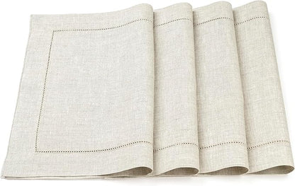 D'Moksha Homes Light Natural Linen Cloth Placemats Set of 4-100% Pure Linen Hemstitch Placemats 14 x 19 Inch - Classic Hemstitch Table Place Mats for Valentines - Handcrafted, Machine Washable