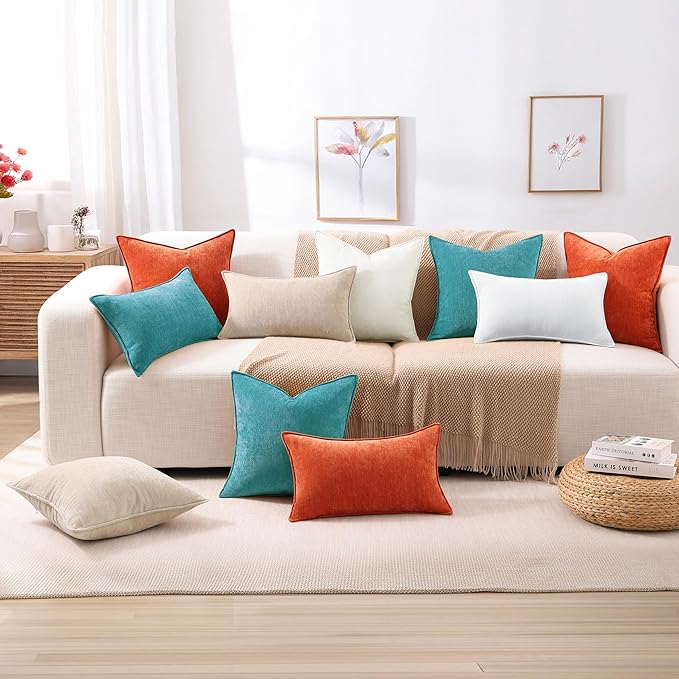 decorUhome Spring Couch Throw Pillow Covers 12x20 Set of 2, Decorative Soft Velvet Neutral Chenille Lumbar Pillow Covers with Elegant Design for Sofa Bed Living Room Home Decor, Teal