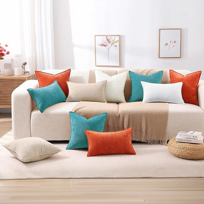 decorUhome Spring Couch Throw Pillow Covers 18x18 Set of 2, Decorative Soft Velvet Neutral Chenille Pillow Covers with Elegant Design for Sofa Bed Living Room Home Decor, Teal