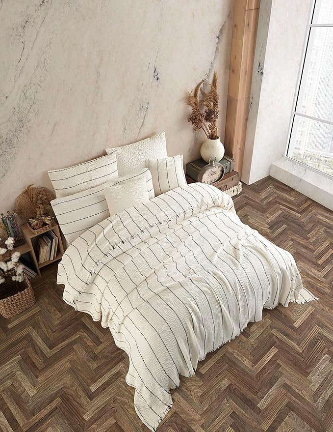 Bohemian 4 Layers Gauze Lightweight Throws,Cotton Muslin Throw Blanket,Breathable Coverlet, 4 Layer Bed Cover (Beige with Black Pinstripe, Full Size 78 x 95 inches)