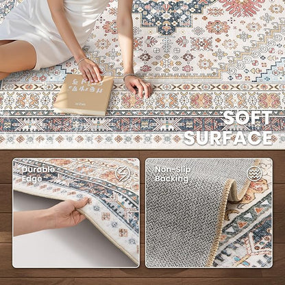 zesthome 7x9 Area Rugs for Living Room,Non-Slip Backing Washable Rugs,Vintage Large Area Rug，Stain Resistant Home Decor Rug (Multi,7'x9')