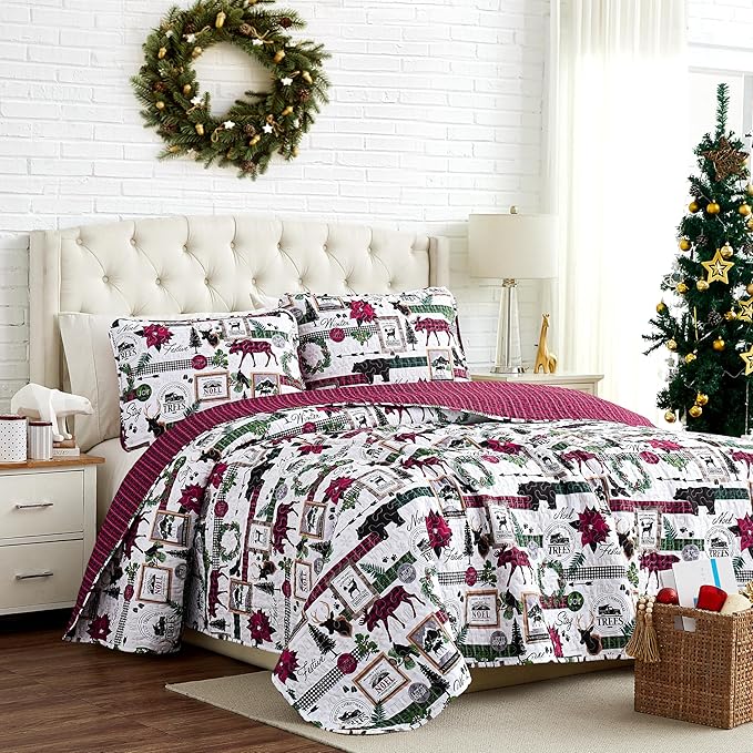 Southshore Fine Living, Inc. Twin Size Christmas Quilt with Matching Pillow Sham, Holiday Bedding Set, Twin/Twin XL Holiday Quilt Set, Reversible Red Plaid Quilt Over Rustic Cabin Print
