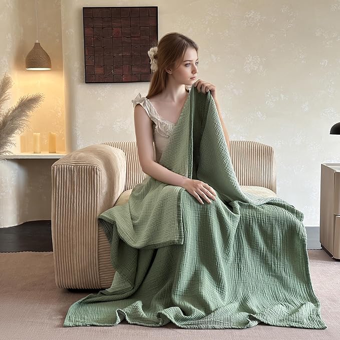 Simple&Opulence 100% Cotton Muslin Blanket Queen Size, Lightweight Breathable 4 Layering Gauze Blanket for Bed Couch Camping, Soft Bedspread Coverlet All-Season Use (Sage Green, 88" x 92")
