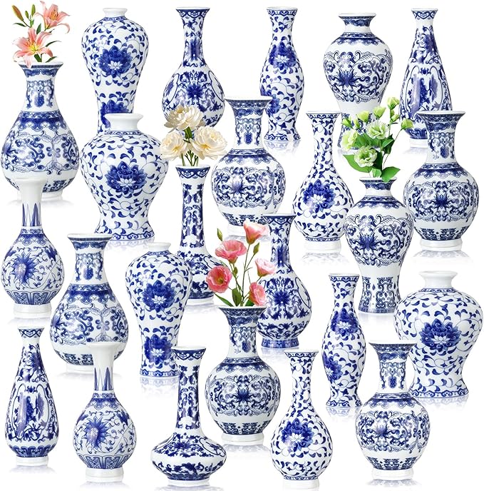 Maxcheck 24 Pcs Porcelain Blue and White Vase Mini Chinoiserie Bud Vase Vintage Ceramic Oriental Handmade Chinese Flower Jardiniere for Home Office Shelf Table Centerpieces Decor
