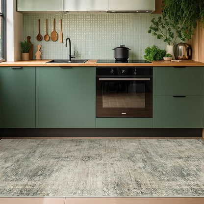 Moss Green 2'6"x8' Farmhouse Kitchen Rugs - 8ft Long Indoor Rugs for Entryway Non Slip, Washable Hallway Runners with Rubber Backing, Medallion Abstract Design Low Pile Stain Resistant Carpet