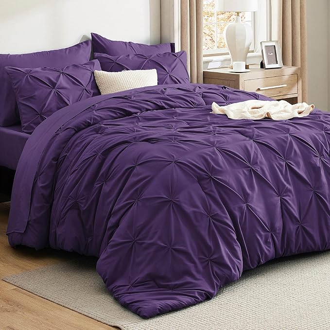 Bedsure Full Comforter Set Purple - Bed in a Bag Full Size Bedding Set 7 Pieces, GentleSoft™ Pintuck Bed Set Gift for Family, Pinch Pleat All Season Comforter with Sheets, Pillowcases & Shams