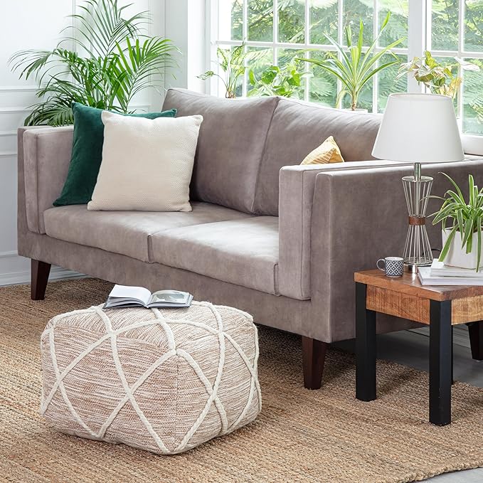 Anji Mountain 100% Handmade & Handcrafted Comfortable Home Décor Pouf Ottoman Footrest for Living Room, Bedroom, Nursery, Kidsroom, Patio Furniture - (22" x 22" x 16"- Ivory,Tan)