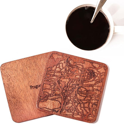 Prague Map Coaster by O3 Design Studio, Set Of 4, Sapele Wooden Coaster With City Map, Handmade