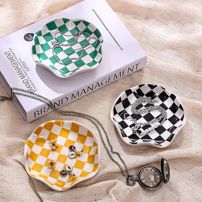 Koythin Ceramic Jewelry Tray, Checkered Pattern Aesthetic Decorative Trinket Dish for Rings, Earrings Necklaces Bracelet Watch Holder, Small Key Bowl, Birthday Mother's Day for Women (Black)