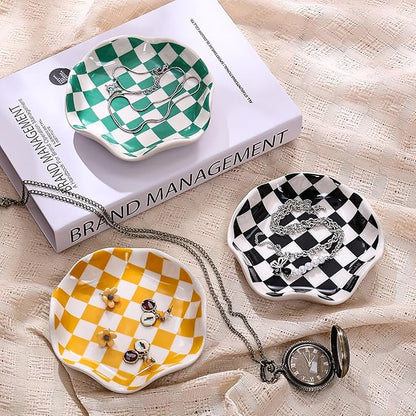 Koythin Ceramic Jewelry Tray, Checkered Pattern Aesthetic Decorative Trinket Dish for Rings, Earrings Necklaces Bracelet Watch Holder, Small Key Bowl, Birthday Mother's Day for Women (Black)