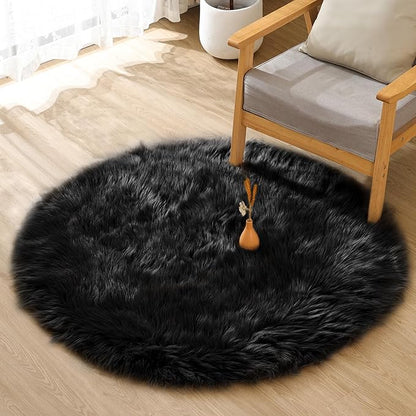 Black Fluffy Faux Fur Rug for Living Room Shag Circle Washable Area Rugs for Bedroom Round Rug 4ft Cute Room Décor