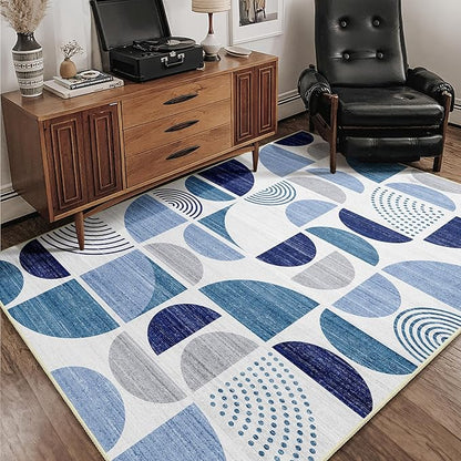 MUJOO Blue Rug Boho Washable,4x6.5 Area Rugs for Bedroom Entryway Living Room Bedside,Small Throw Floor Carpet Non Slip Soft Indoor Modern Abstract Navy Blue