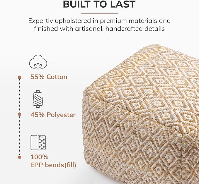 Anji Mountain 100% Handmade & Handcrafted Comfortable Home Décor Pouf Ottoman Footrest for Living Room, Bedroom, Nursery, Kidsroom, Patio Furniture - (22" x 22" x 16" - Mustard)