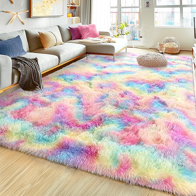 Large 9x12 Area Rug for Living Room, Ultra Soft Shag Thick Fluffy Plush Fuzzy Carpet for Bedroom, Girls Boys Kids Room Non Slip Dorm Rug for Home Decor Aesthetic, Rainbow