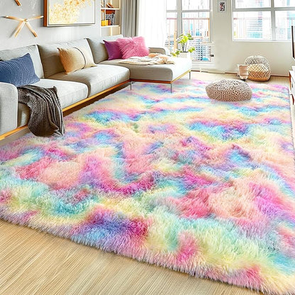 Ultra Fluffy Area Rugs for Living Room Bedroom, 6x9 Fuzzy Large Living Room Rugs, Thick Shag Rug for Dorm, Soft Non Slip Kids Girls Boys Rug for Home Decor Aesthetic, Rainbow
