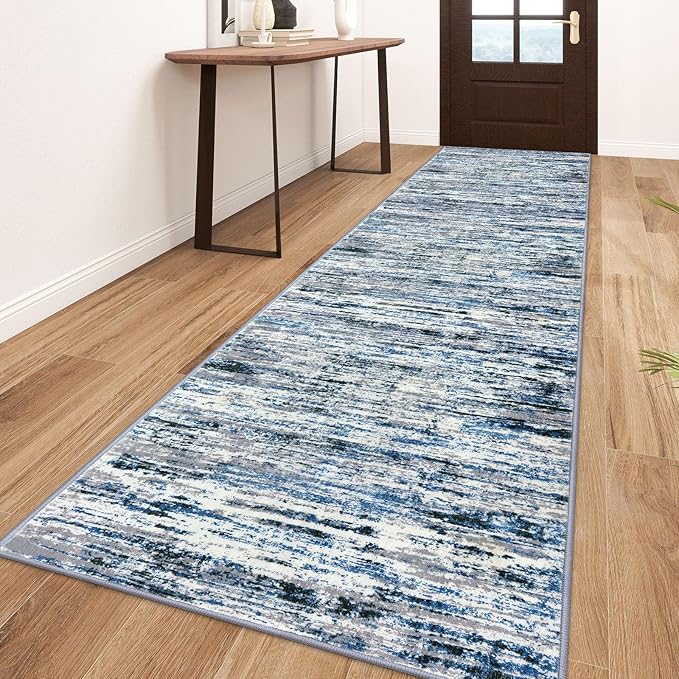 Modern Abstract Runner Rug 3x10, Grey Blue White Washable Kitchen Runner Non-Slip Soft Hallway Rug Runner Thin Print Faux Wool Carpet for Entryway Bedroom Laundry Room Indoor Home Office Decor