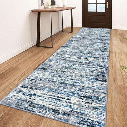 Modern Abstract Runner Rug 3x10, Grey Blue White Washable Kitchen Runner Non-Slip Soft Hallway Rug Runner Thin Print Faux Wool Carpet for Entryway Bedroom Laundry Room Indoor Home Office Decor