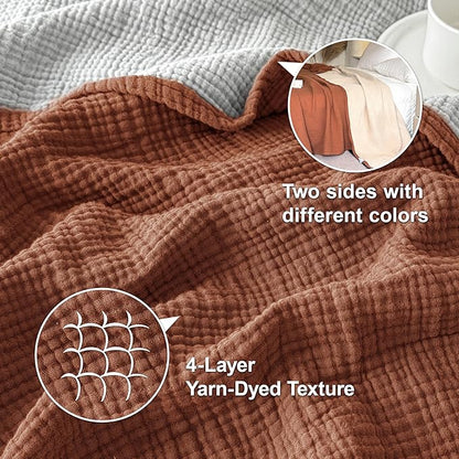 Simple&Opulence 100% Cotton Muslin Blanket Queen Size, Lightweight Breathable 4 Layering Gauze Blanket for Bed Couch Camping, Soft Bedspread Coverlet All-Season Use (Rust Orange, 88" x 92")
