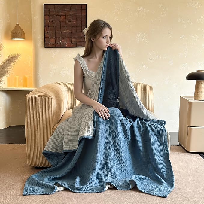Simple&Opulence 100% Cotton Muslin Blanket Twin Size, Lightweight Breathable 4 Layering Gauze Blanket for Bed Couch Camping, Soft Bedspread Coverlet All-Season Use (Dusty Blue, 68"x86")