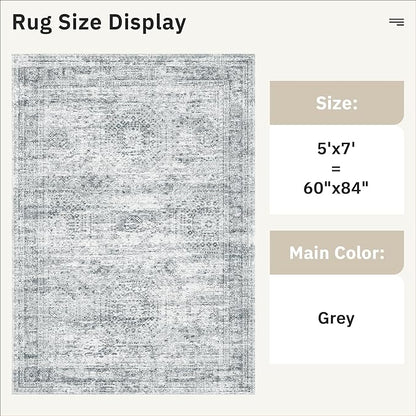 5x7 Area Rugs Gray Low Pile Indoor Washable Trendy Faded Style Rugs for Bedroom Living Room Dining Room Foldable Non-Slip Thin Grey Print Mat