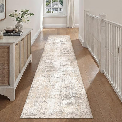 2'6x10 Washable Runner Rug Beige Grey Abstract Hallway Kitchen Throw Rug Neutral Modern Non Slip Soft Low Pile Carpet for Bathroom Laundry Bedroom Living Room