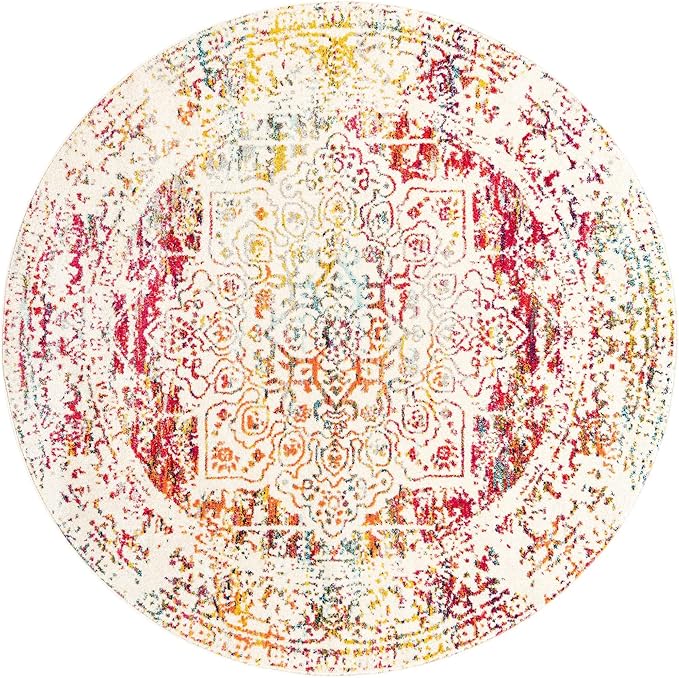 Rugs.com Arlington Collection Rug – 7 Ft Round Light Multi Medium-Pile Rug Perfect for Kitchens, Dining Rooms