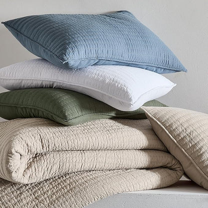 WDCOZY 100% Cotton Queen Size Quilt Set - Beige Neutral Striped Pick Stitch Soft Lightweight Bedspread, Textured Like Linen, Farmhouse Country Rustic Coverlet, Shabby Chic Gauze Bedding, 3 Pieces