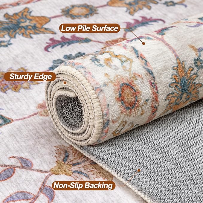 Tangsoo Washable Area Rug, 8x10 Pottery Barn Neutral Floral Large Rugs for Bedroom Living Room, Vintage Boho Non Slip Low Pile Beige Carpet for Farmhouse Nursery Office Laundry, Pet & Child Friendly