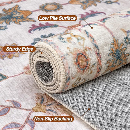 Tangsoo Washable Area Rug, 8x10 Pottery Barn Neutral Floral Large Rugs for Bedroom Living Room, Vintage Boho Non Slip Low Pile Beige Carpet for Farmhouse Nursery Office Laundry, Pet & Child Friendly