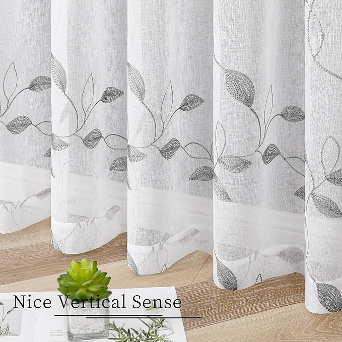 Tollpiz Grey Leaf Sheer Tier Curtains Leaves Embroidered Kitchen Short Curtain Rod Pocket Voile Bathroom Curtains for Cafe, 30 x 24 inches Long, Set of 2 Panels