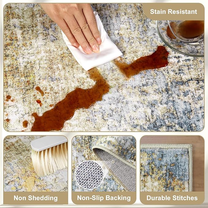 Area Rug Living Room Rugs - 9x12 Modern Abstract Soft Indoor Neutral Washable Rug Stain Resistant Non-Slip Low Pile Carpet for Bedroom Dining Room Home Office - Blue/Grey/Yellow