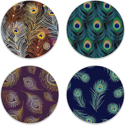 Drink Coasters Set of 4,Golden Green Peacock Feathers Coasters for Drinks Ceramic Coasters with Cork Bottom for Kinds of Mugs and Cups,Home Decor,4''