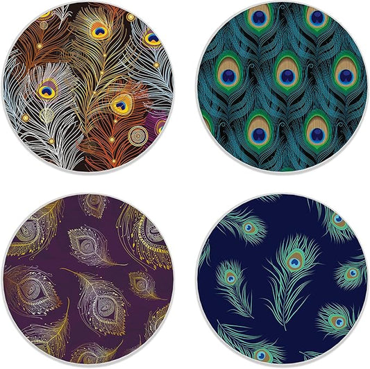 Drink Coasters Set of 4,Golden Green Peacock Feathers Coasters for Drinks Ceramic Coasters with Cork Bottom for Kinds of Mugs and Cups,Home Decor,4''