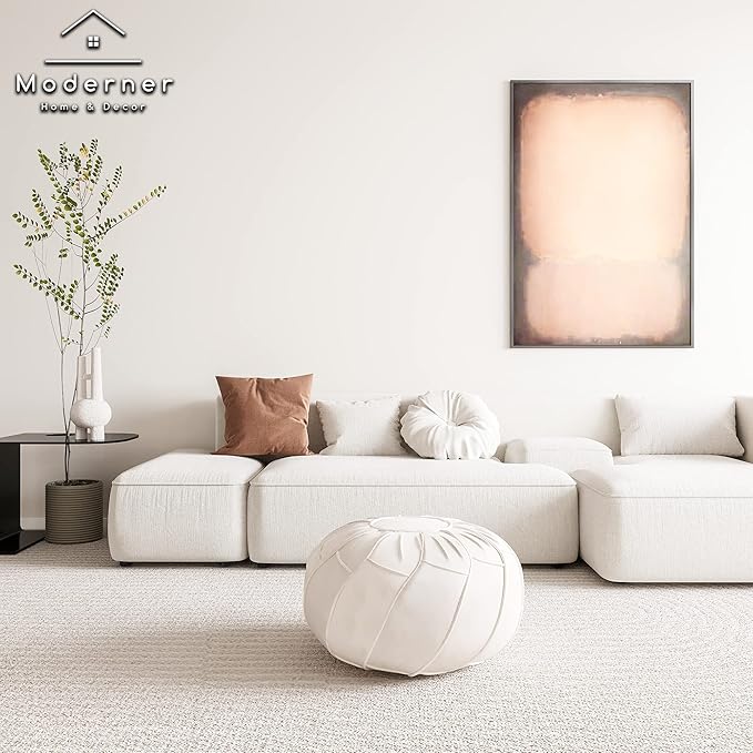 Moderner Faux Leather Pouf Unstuffed Ottoman Moroccan Footstool, Floor Footrest Cushion, Storage Solution - Natural Brown Color (White, Round)